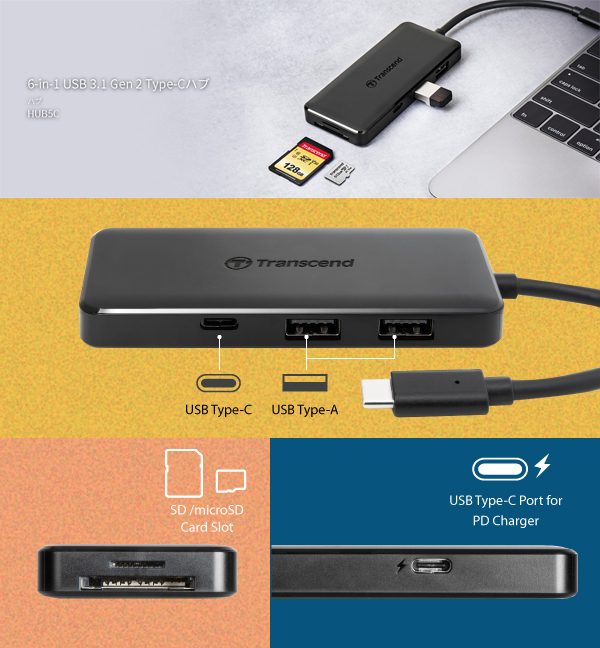  トランセンド Transcend TS-HUB5C 3-Port Hub 1-Port PD SD/MicroSD Reader USB 3.1 Gen 2 Type C