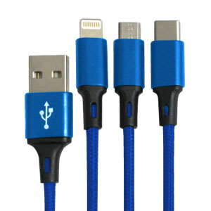 輸入特価アウトレット USB3.1 typeC+microUSB+iPhoneマルチケーブル 122cm ブルー